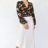 Among The Brave Fashion Reign Large Black Floral LS Balloon Sleeve Plunge Button Front Crop Top