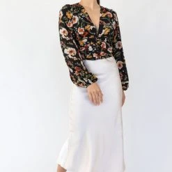 Among The Brave Fashion Reign Large Black Floral LS Balloon Sleeve Plunge Button Front Crop Top