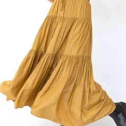 Among The Brave Sensational Gold Tiered Satin Tie Waist Maxi Skirt Fashion