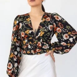 Among The Brave Fashion Reign Large Black Floral LS Balloon Sleeve Plunge Button Front Crop Top