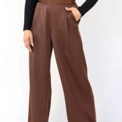 Among The Brave Fashion Passion Chocolate Satin Flat Front Stretch Back Wide Leg Pant