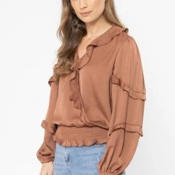 Seeking Lola Plentiful Rust Satin Frill V Neck LS Top Fashion