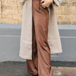Among The Brave Fashion Passion Chocolate Satin Flat Front Stretch Back Wide Leg Pant