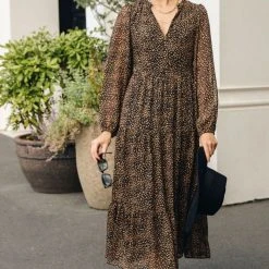 Ivy + Jack Kendall Black Leopard Blouson LS V Neck Tiered Midi Dress Fashion