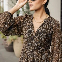 Ivy + Jack Kendall Black Leopard Blouson LS V Neck Tiered Midi Dress Fashion