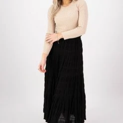 Ivy + Jack Charming Black Cotton Shirred Waist Tiered Maxi Skirt