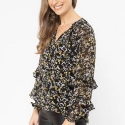 Seeking Lola Happily Ever After Black Sheer Floral Frill LS Top