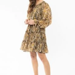 Seeking Lola Claire Golden Paisley LS Tiered Mini Dress Fashion