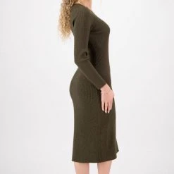Ivy + Jack Fashion Dynamic Khaki Marle LS Rib Knit Crew Neck Midi Dress