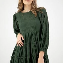 Ivy + Jack Fashion Luca Hunter Green Shirred Cotton LS Tiered Smock Dress