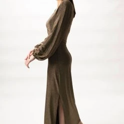 Among The Brave New Moon Gold Shimmer LS Puff Sleeve Ring Midi Dress Fashion