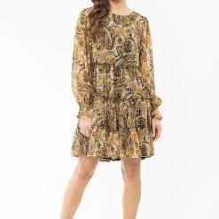 Seeking Lola Claire Golden Paisley LS Tiered Mini Dress Fashion