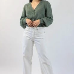 Among The Brave Spirited Soft Khaki Mohair Blend Balloon Sleeve Cropped Cardigan Fashion