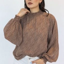 Among The Brave Embrace Chocolate Confetti LS High Neck Shirred Top