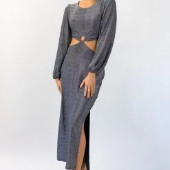Among The Brave Galaxy Silver Shimmer Cut Away LS Balloon Sleeve Ring Midi Dress