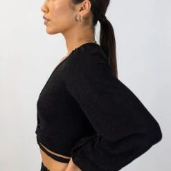 Among The Brave Full Moon Black Shimmer LS Puff Sleeve Plunge Ring Crop Top