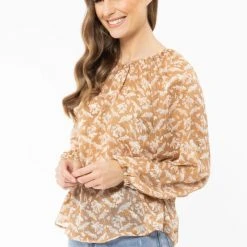 Seeking Lola United Caramel Leaves LS Blouse