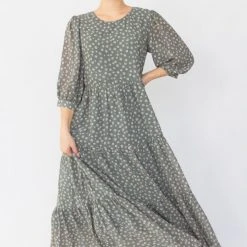 Among The Brave Fashion Lucid Sage Ditsy Floral Puff Sleeve Tiered Maxi Dress