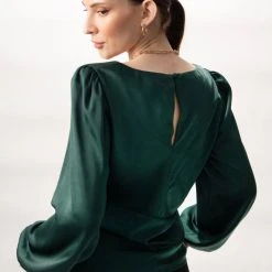 Among The Brave Bailey Forest Satin LS Balloon Sleeve Panel Bodice Bias Top Fashion