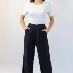 Among The Brave Effortless Black Viscose Deep Band Wide Leg Pant