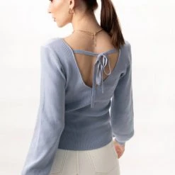 Among The Brave Home Coming Soft Blue Tie Back V Neck Balloon Sleeve Knit Top