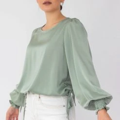 Among The Brave Fashion Violet Sea Foam LS Shirred Cuff Tie Hem Satin Top