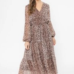 Seeking Lola Fashion Santa Maria Rust Leopard LS Tiered Midi Dress