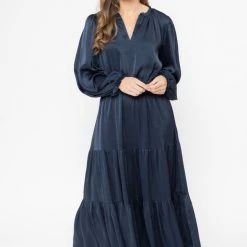 Seeking Lola Magical Navy Satin LS Tiered Maxi Dress