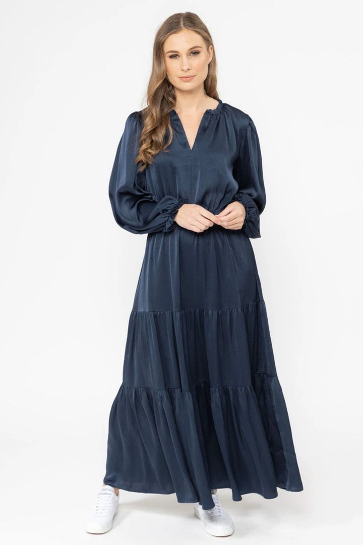 Seeking Lola Magical Navy Satin LS Tiered Maxi Dress 3 Seeking Lola Magical Navy Satin LS Tiered Maxi Dress
