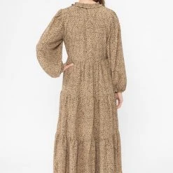 Seeking Lola Composed Tan Leopard Mid Sleeve Frill V Neck Tiered Midi Dress Fashion