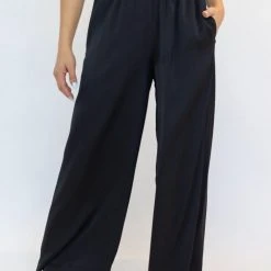 Among The Brave Super Luxe Black Elastic Waist Wide Leg Satin Pant Fashion