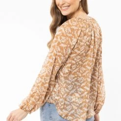 Seeking Lola United Caramel Leaves LS Blouse