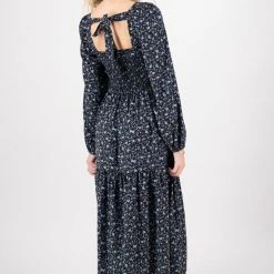 Among The Brave Fashion Alana Blue Floral Tie Back LS Shirred Body Tiered Dress