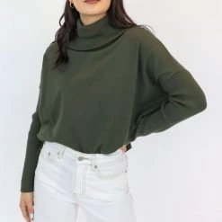 Among The Brave Vital Dark Khaki Soft Fine Gauge Relaxed Roll Neck Knit Fashion