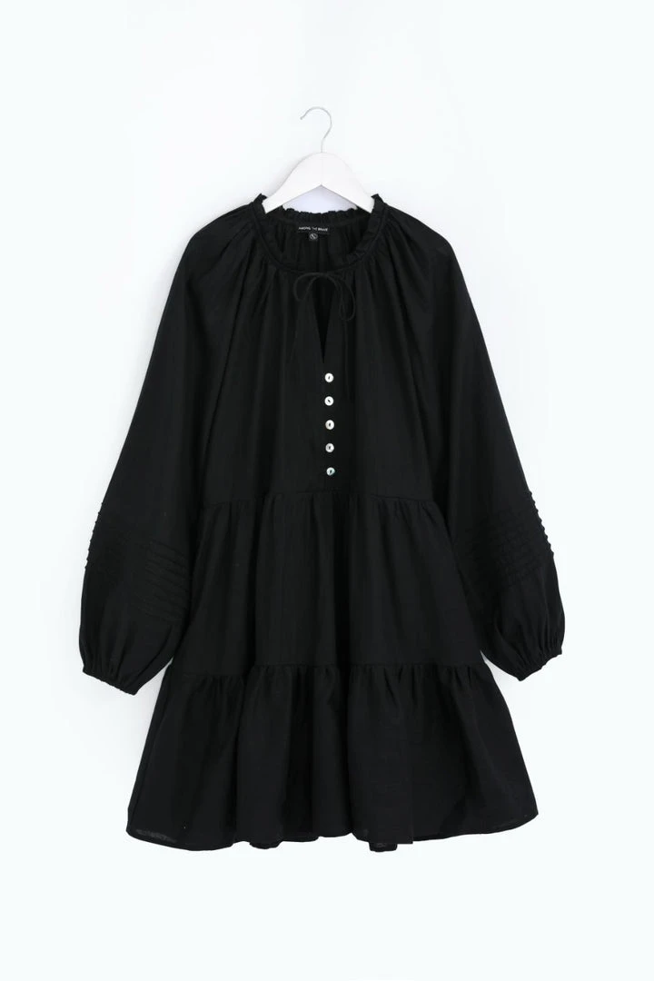 Among The Brave Fashion Zodiac Black Linen LS Pin Tuck Balloon Sleeve Tiered Mini Dress 7 Among The Brave Fashion Zodiac Black Linen LS Pin Tuck Balloon Sleeve Tiered Mini Dress