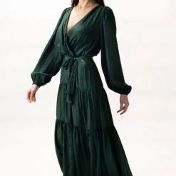 Among The Brave Twilight Forest LS Tiered Satin Maxi Dress Fashion