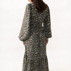 Among The Brave Ocean Dark Khaki Floral Wrap Tiered LS Maxi Dress