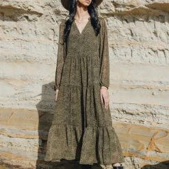 Ivy + Jack Fashion Kendall Khaki Ditsy Blouson LS V Neck Tiered Midi Dress