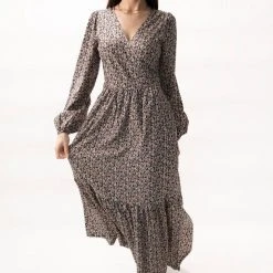 Among The Brave Fashion Ocean Black Ditsy Floral LS Balloon Sleeve Wrap Tiered Midi Dress