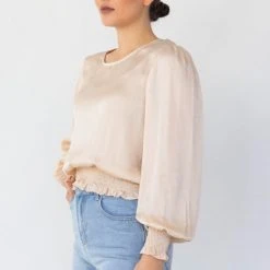 Among The Brave Pure Sand Puff Sleeve Shirred Blouse Fashion