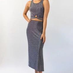 Among The Brave Interstellar Silver Shimmer High Split Midi Skirt