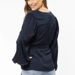 Billie The Label Big Love Navy Satin LS V Neck Tie Waist Top