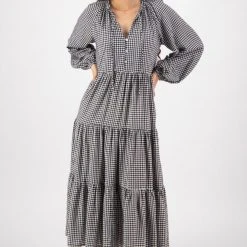 Among The Brave Aida Black Gingham LS Puff Sleeve Button Front Tiered Maxi Dress