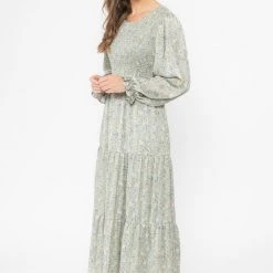 Billie The Label Awaken Olive Floral Shirred Bodice LS Tiered Maxi Dress Fashion