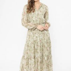 Seeking Lola Fashion Magical Sage Floral LS Tiered Maxi Dress