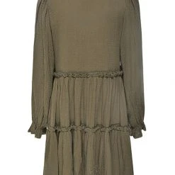 Ivy + Jack Billie Khaki Cotton LS Frill V Neck Tiered Mini Dress