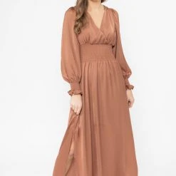 Billie The Label Skilful Rust Satin Shirred Waist LS Maxi Dress