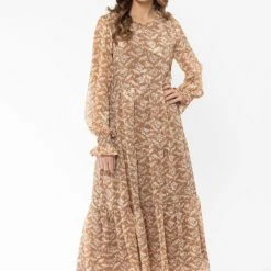 Seeking Lola Fashion Mia Caramel Leaves Blouson Sleeve Tiered Maxi Dress