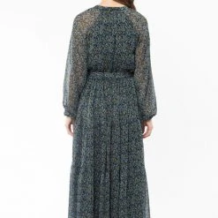 Billie The Label Admiration Blue Floral Textured LS Tie Waist Midi Dress