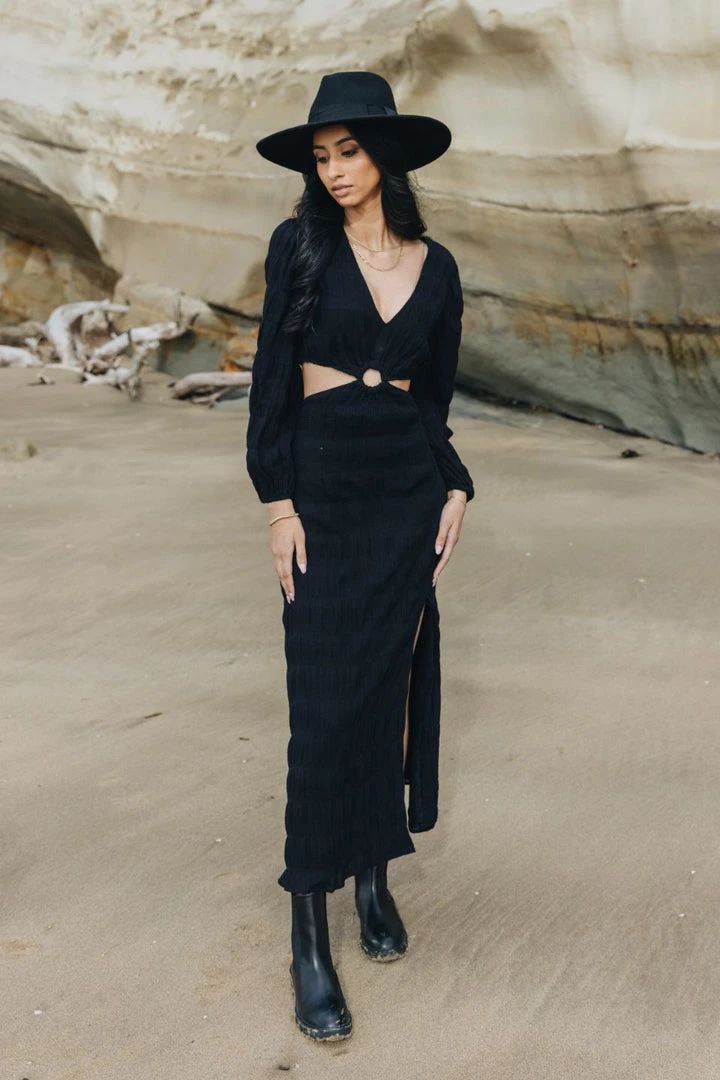 Ivy + Jack Skyler Black Shirred Cotton LS V Neck Waist Cut Out Maxi Dress Fashion 3 Ivy + Jack Skyler Black Shirred Cotton LS V Neck Waist Cut Out Maxi Dress Fashion